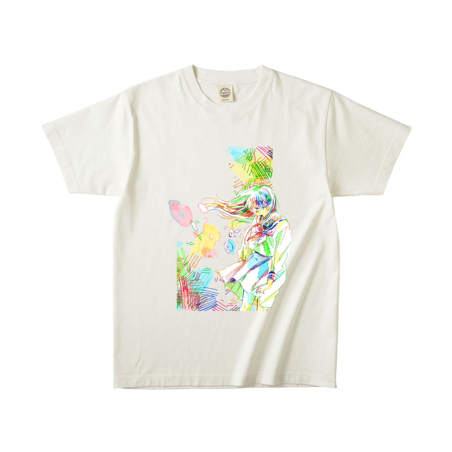ナチュラルオーガニック半袖Tシャツ Mサイズ カラフル 女の子 花 イエロー ピンク
