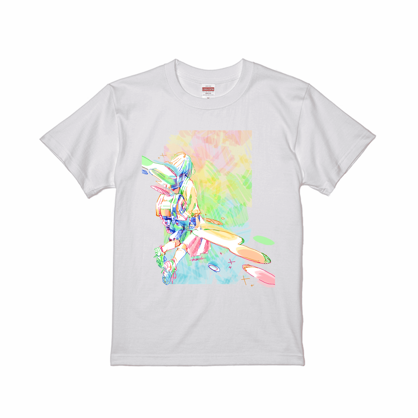 ホワイトスタンダード半袖Tシャツ Lサイズ 女の子 カラフル 花 イエロー キラキラ グリーン