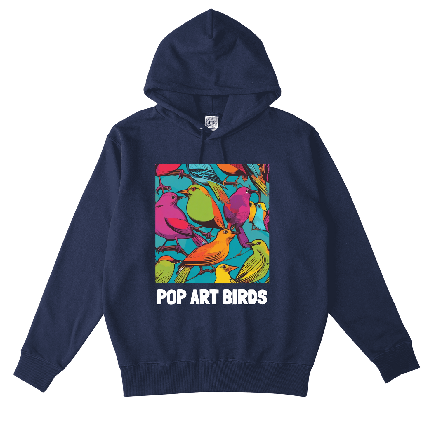 ネイビーポケットレスパーカー Mサイズ ポップアート風のカラフルな鳥 POP ART BIRD