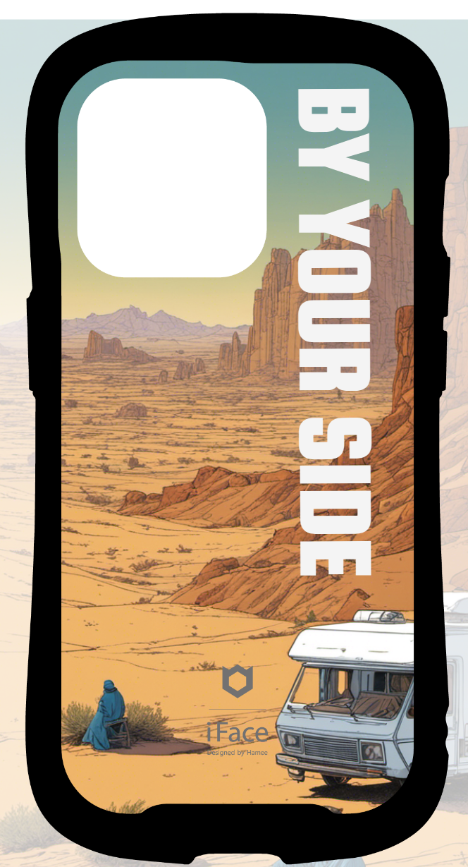 iFace reflectionインナーシート iPhone14Pro a man sitting the in desert with his RV, art by moebius パターン ロゴ BY YOUR SIDE