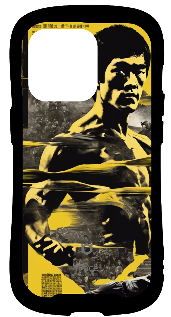 iFace reflectionインナーシート iPhone14Pro Bruce Lee 映画ポスター風 タイツ 黄色 ヌンチャク 脇に抱える Bruce Lee 映画ポスター風 死亡遊戯