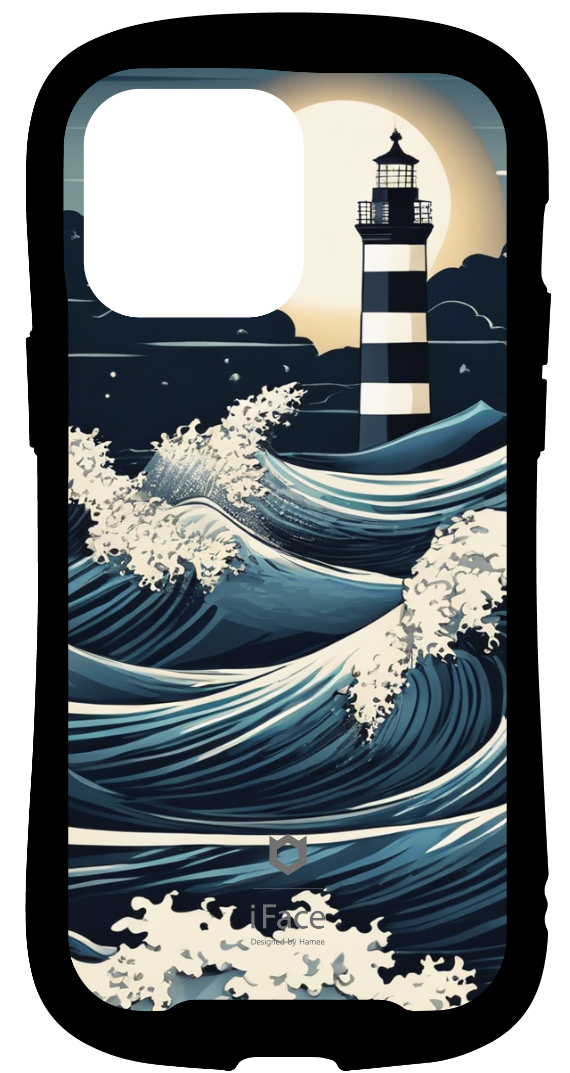 iFace reflectionインナーシート iPhone14ProMax 日本 beautiful ocean, big wave's, light house, night sky, white back ground, light shining into the distance in the style of Japanese Ukiyo-e